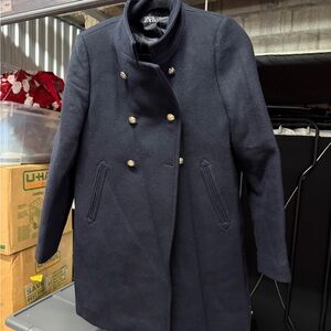 Navy Double-Breasted Coat with Gold Buttons Zara wool